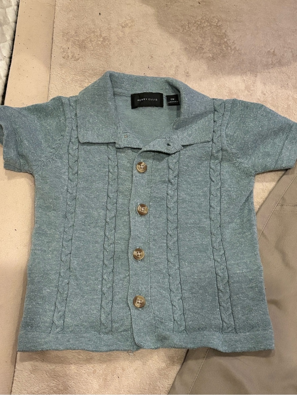🎉 (12m) Perry Ellis Toddler Boy 2 PC Set - Cable Knit Button Down Shirt + Khakis - Picture 4 of 6
